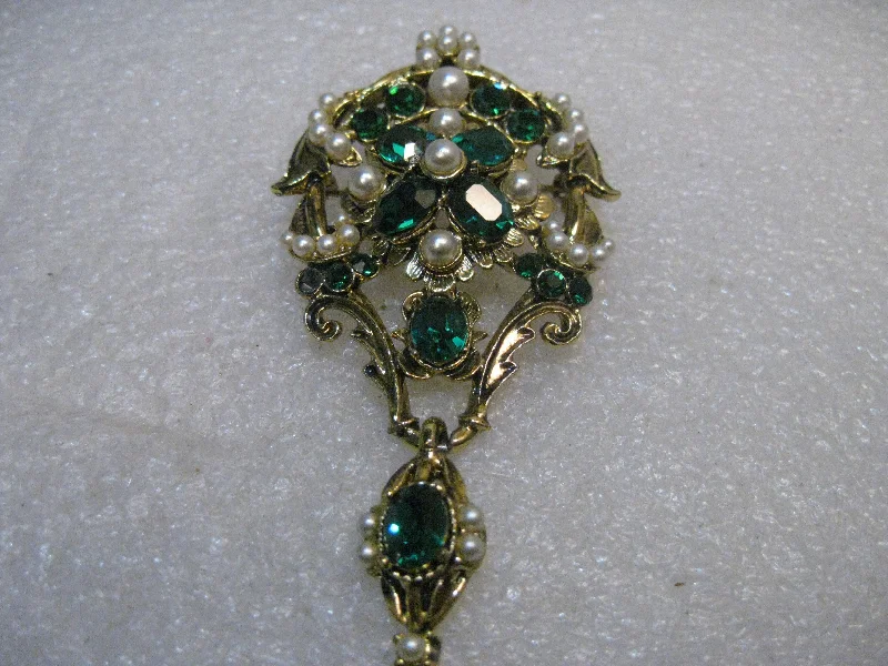 affordable ladies brooch under 40 -Vintage Faux Emerald/Pearl Brooch, Drop/Dangle, 3-1/8" long, Gold Tone