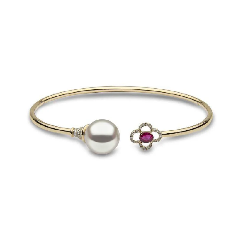 floral texture bracelets for women -18ct Yellow Gold South Sea Pearl, Ruby & Diamond Set Bangle