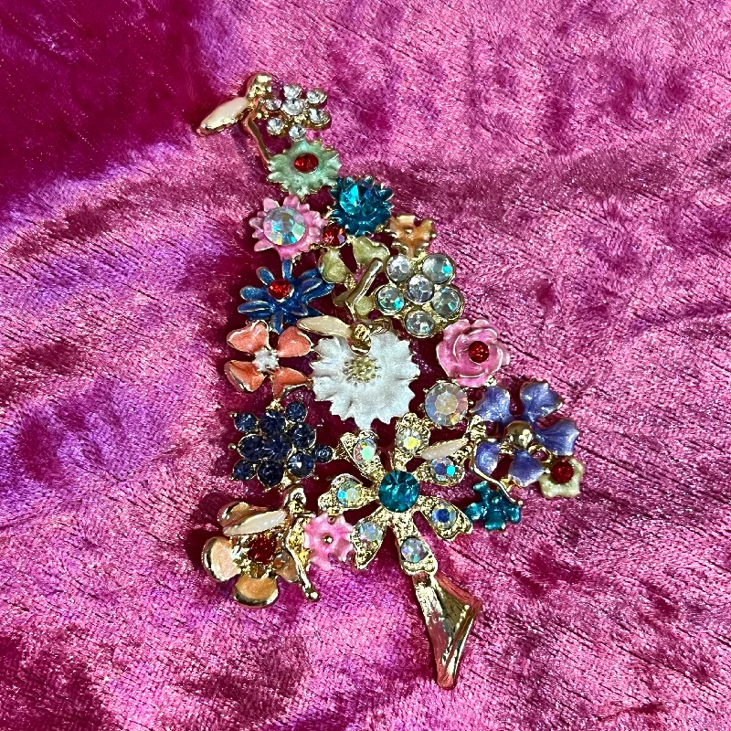 floral texture brooch for women -Christmas Tree Brooch Enamel Sparkly Multi Coloured