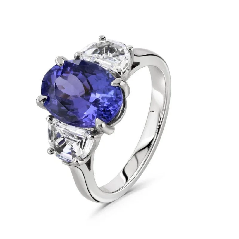 Ladies fresh style rings -Platinum Oval Cut Tanzanite & Diamond Trilogy Ring