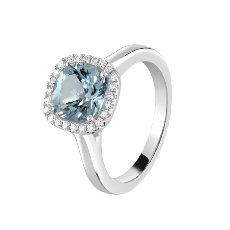 Ladies opalescent opal rings -18ct White Gold Cushion Cut Aquamarine and Diamond Halo Cluster Ring