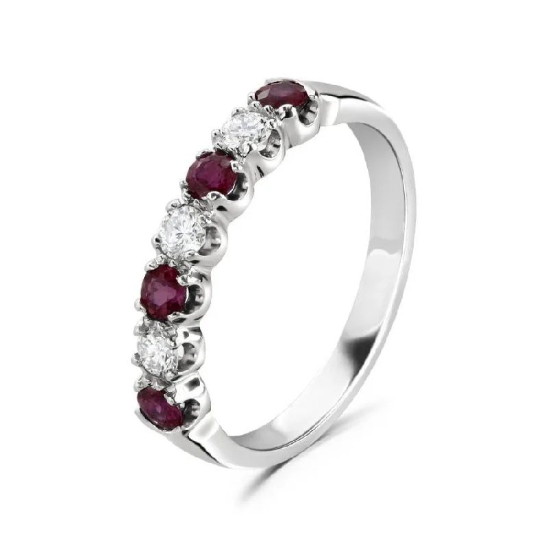 Ladies deep black rings -18ct White Gold Round Cut Ruby & Diamond 7-Stone Half Eternity Ring