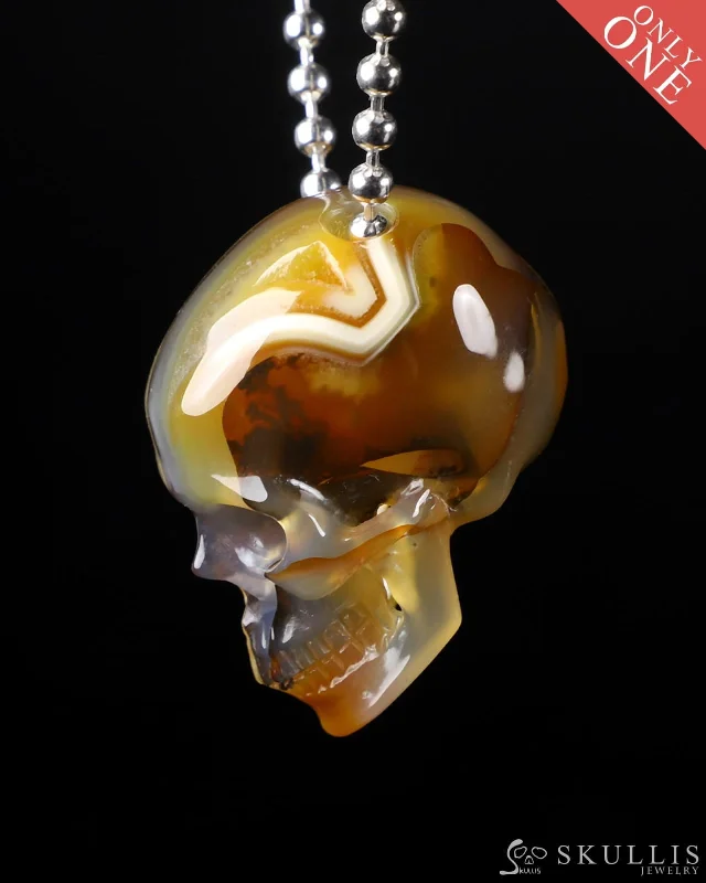 necklaces for women with birthstones -Gem Skull Pendant Necklace of Premium Brazilian Agate Carved Hollow Skull with 925 Sterling Silver Chain - 0400027