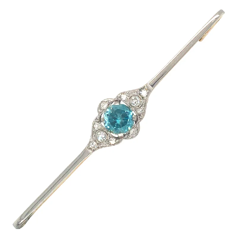 ladies gold brooch bear motifs -Diamond & Blue Zircon Bar Brooch