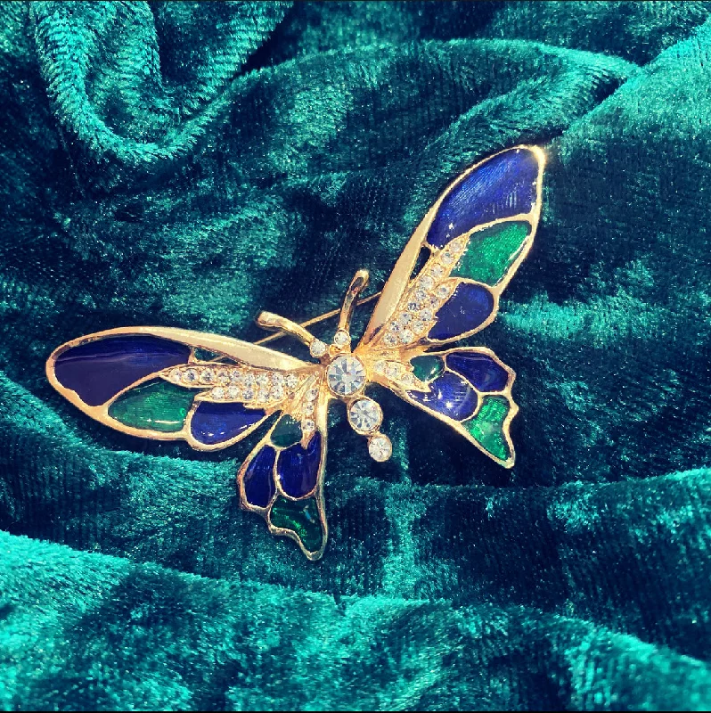 ladies rose gold brooch vines -Vintage Green Blue Enamel Butterfly Brooch