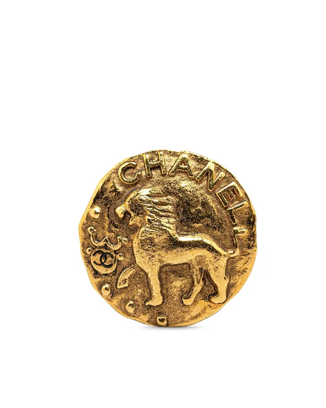 ladies brooch scalloped edges -Gold Plated Round Lion Brooch with Back Pin Closure