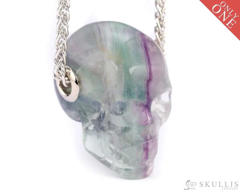 ladies party necklaces gold finish -Skullis Signature Fluorite Gem Skull Pendant or Necklace, Hand Carved, Sterling Silver 925 Chain, for Women & Men - 9500022