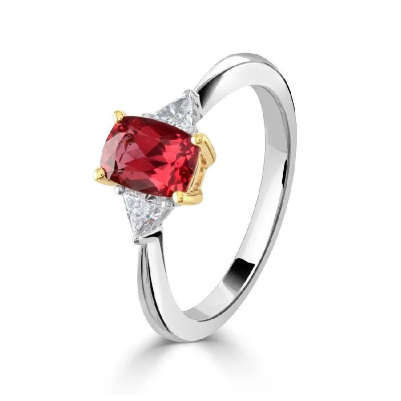 Ladies tailored custom rings -18ct White & Yellow Gold Rectangular Red Spinel & Trilliant Cut Diamond Trilogy Ring