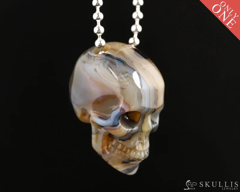 ladies rose gold necklaces leaf design -Gem Skull Pendant Necklace of Premium Brazilian Agate Carved Hollow Skull with 925 Silver Chain - 0506010