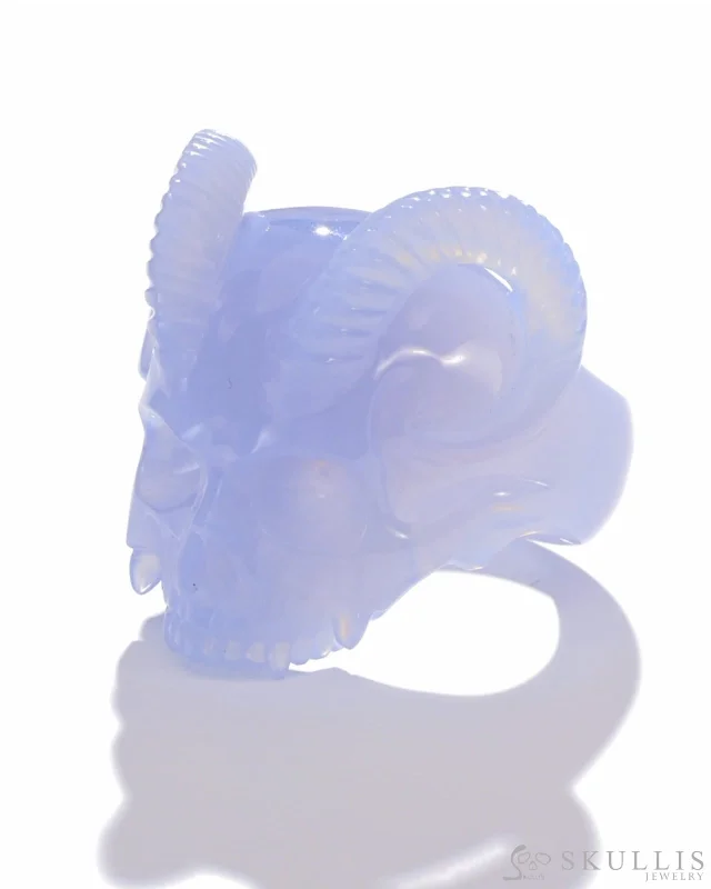 Ladies work-ready rings -Gem Skull Ring of Blue Chalcedony Carved Skull