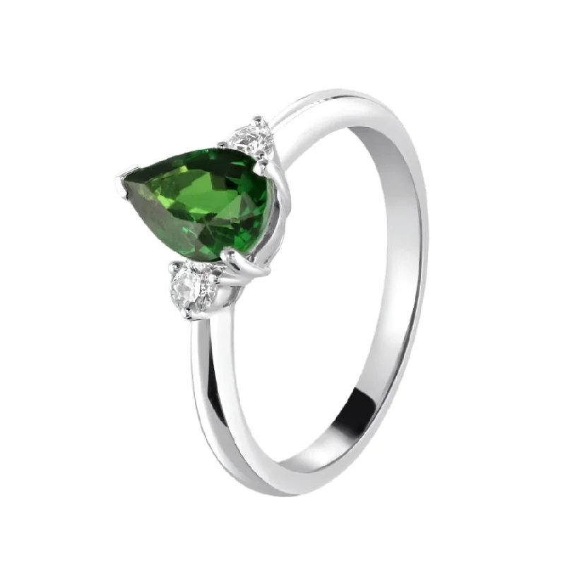 Ladies jungle flair rings -18ct White Gold Pear Cut Tsavorite & Round Brilliant Cut Diamond Trilogy Ring