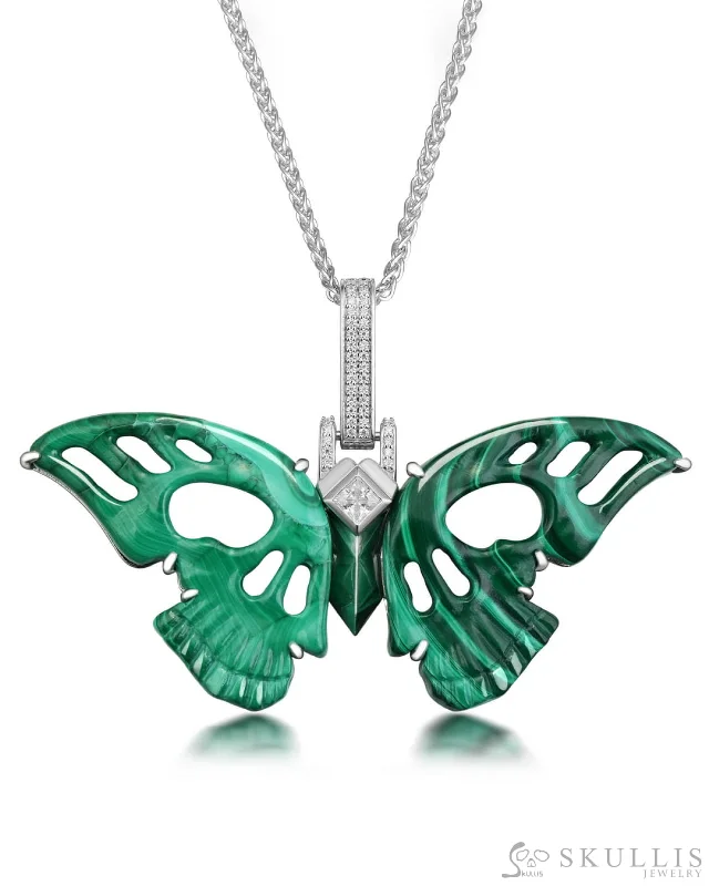 ladies charm necklaces travel themes -Gem Skull Pendant Necklace of Malachite Butterfly Carved Skull