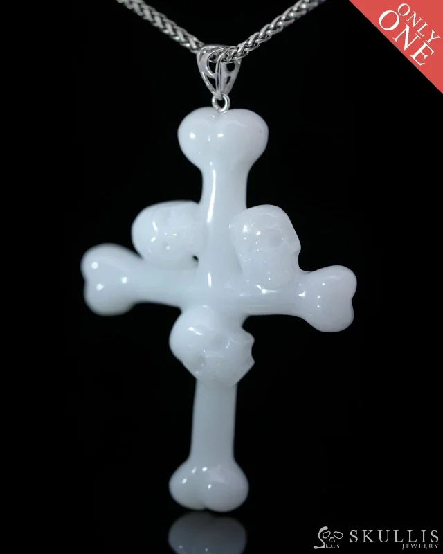 ladies gold necklaces infinity symbol -Gem Skull Pendant Necklace of White Jade Carved Skull with Trio and Bones Cross - 0500018