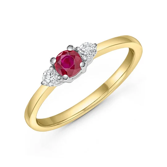 Ladies cure charm rings -18ct Yellow & White Gold Round Ruby & Diamond Claw Three Stone Ring