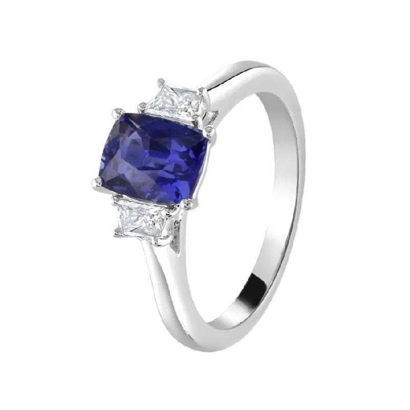 Ladies chic fashion rings -Platinum Cushion Cut Sapphire & Trapezoid Cut Diamond Trilogy Ring