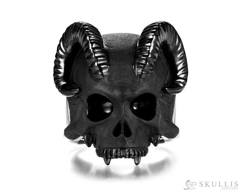 Ladies graceful band rings -Gem Skull Ring of Black Obsidian Carved Skull in 925 Sterling Silver