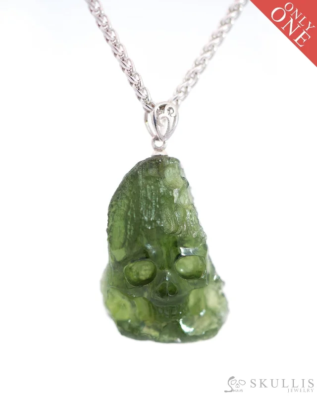 wave texture necklaces for women -Rare Gem Skull Pendant Necklace of Moldavite Crystal Carved Skull, 925 Sterling Silver - 0800035