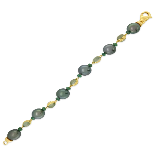 ladies gold bracelets feather charms -Tahitian Pearl, Moonstone & Emerald Bracelet