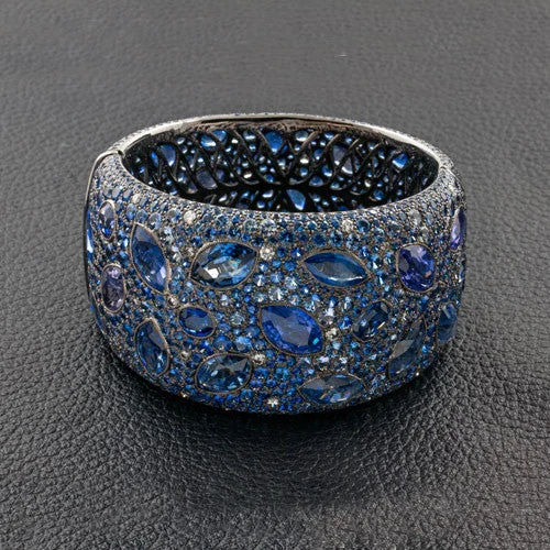 ladies gold bracelets lotus motifs -Wide Sapphire & Diamond Bangle Bracelet