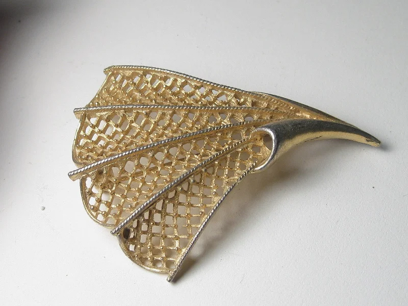 silver brooch for women floral motifs -Vintage Gold Tone Filigree Fan Brooch, 1960's, 2.5"