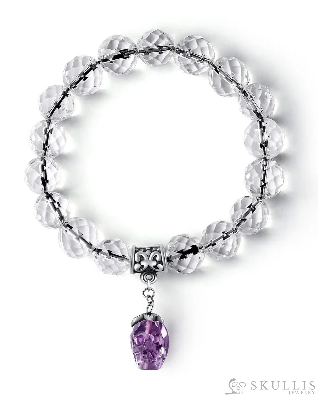 ladies bracelets gemstone clusters -Gem Skull Bracelet of Quartz Rock Crystal Carved Facet Beads & Amethyst Carved Skull