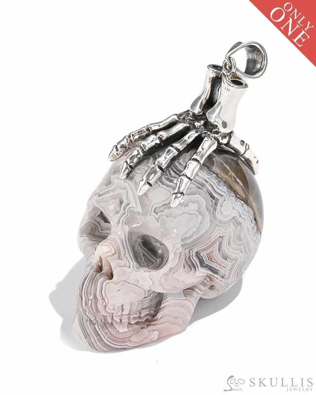 ladies charm necklaces zodiac signs -Gem Skull Pendant Necklace of Red Crazy Lace Agate Carved Skull with Skeleton Hand in 925 Sterling Silver - 9500078