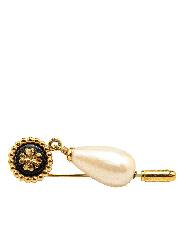 ladies leather brooch with charms -Gold Plated Clover Faux Pearl Brooch Pin