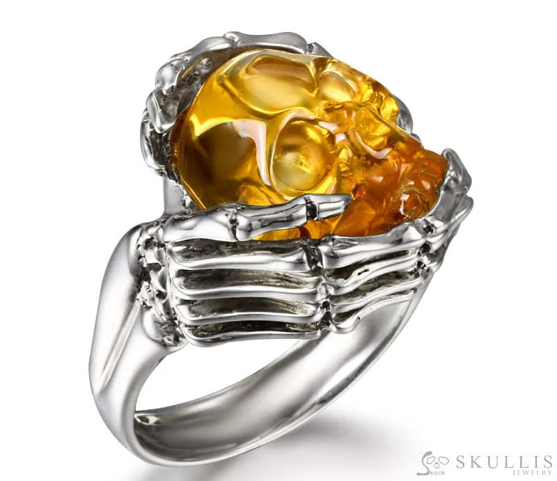 Ladies endless infinity rings -Gem Skull Ring of Citrine Carved Skull with Silver Skeletal Hands in 925 Sterling Silver