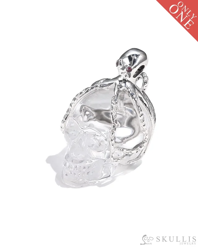 rose gold bead necklaces for women -Gem Skull Pendant Necklace of Quartz Rock Crystal Carved Skull with Ruby Eyes Octopus in 925 Sterling Silver - 9500017