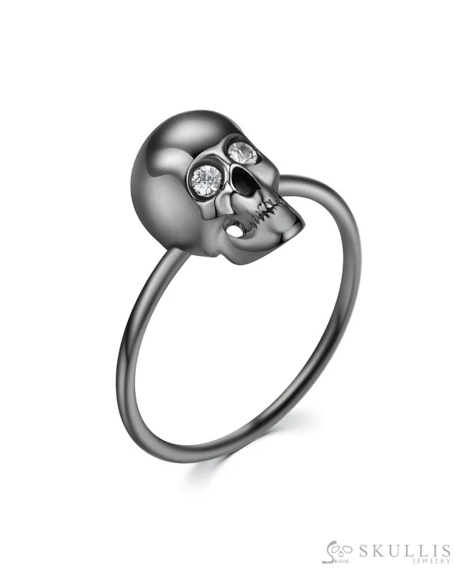 Ladies ray shine rings -Black-plated 925 Sterling Silver Skull Ring with Zircon Eyes