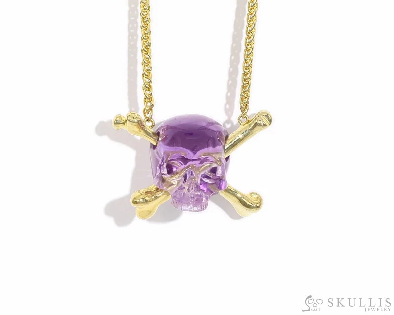 ladies white gold necklaces beads -Gem Skull Pendant Necklace of Amethyst Carved Skull with Crossbones in 18K Gold-Plated 925 Sterling Silver