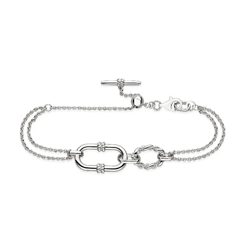 ladies bracelets scalloped edges -Silver Marina Rope Link Duo Grande Twin Chain 7" Slider Bracelet