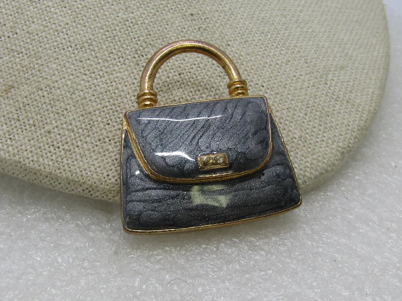 minimalist black brooch for women -Vintage Gray Enameled Purse Brooch, 1980's, Gold Tone, 1-3.8" wide