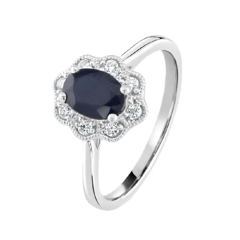 Ladies heavy bold rings -9ct White Gold Oval Cut Sapphire & Diamond Cluster Ring