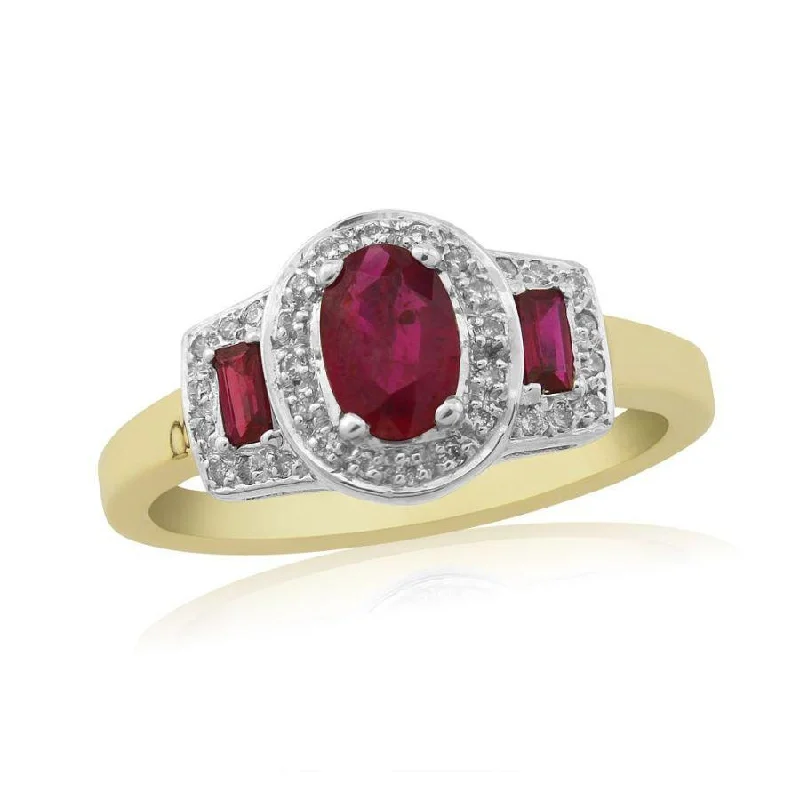 Ladies passion gleam rings -9ct Yellow Gold Oval & Rectangular Cut Ruby & Diamond Triple Cluster Ring