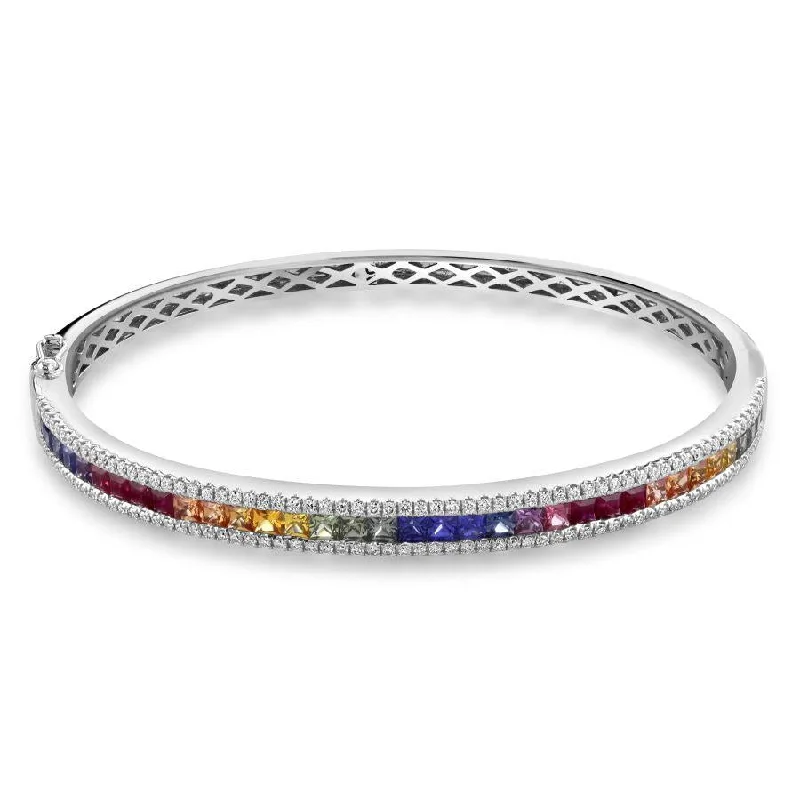 beaded chain bracelets for women -18ct White Gold Rainbow Sapphire & Diamond 3-Row Bangle