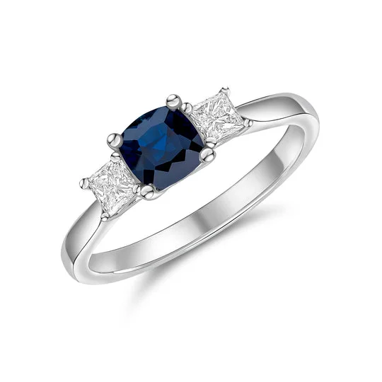 Ladies mighty elephant rings -18ct White Gold Cushion Sapphire & Square Diamond Three Stone Ring