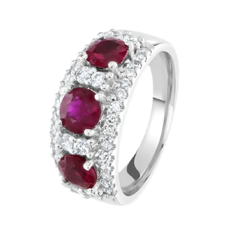 Ladies shining silver rings -18ct White Gold Round Cut Ruby & Diamond Cluster Ring