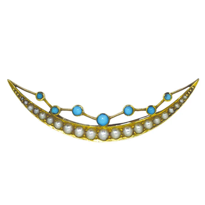 rose gold wave brooch for women -Turquoise & Pearl Crescent Brooch