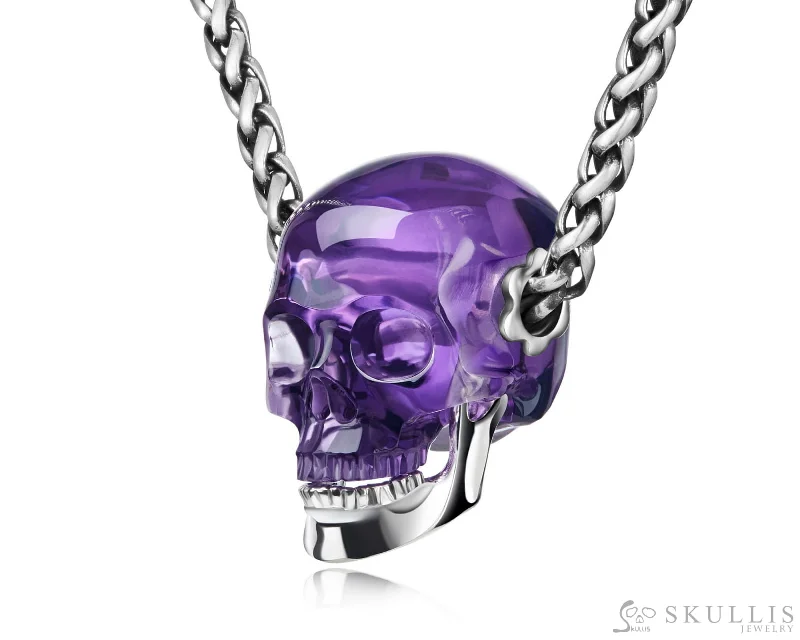 silver heart necklaces for women -Gem Skull Pendant Necklace of  Amethyst Crystal Carved Skull with Detachable Silver Jaw in Sterling Silver