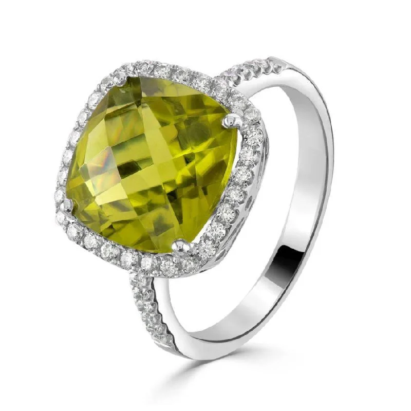 Ladies nebula flair rings -18ct White Gold Cushion Cut Peridot & Diamond Halo Cluster Ring with Diamond Shoulders