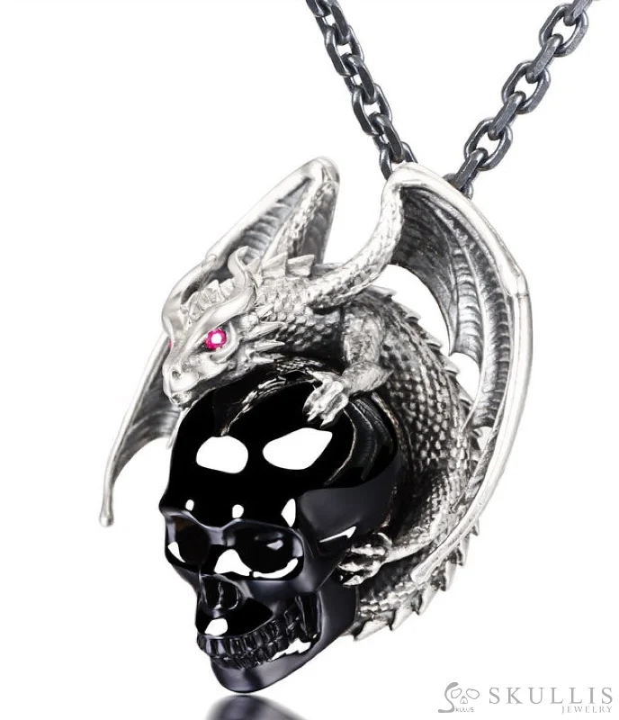 ladies charm necklaces love themes -Gem Skull Pendant Necklace of Black Obsidian Carved Skull with Ruby-Eye Dragon in Blackened Sterling Silver