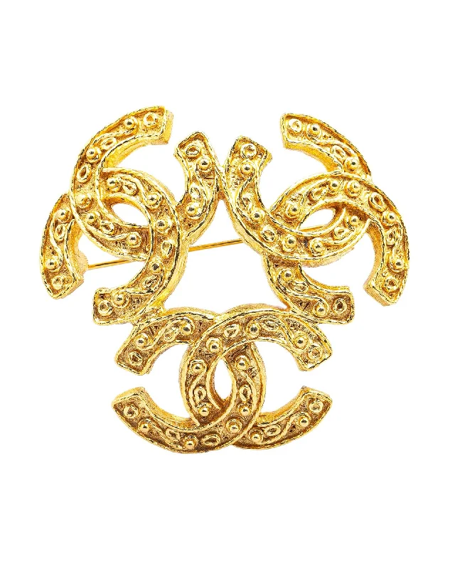 ladies brooch diamond accents -Gold Plated Triple CC Brooch with Back Pin Closure