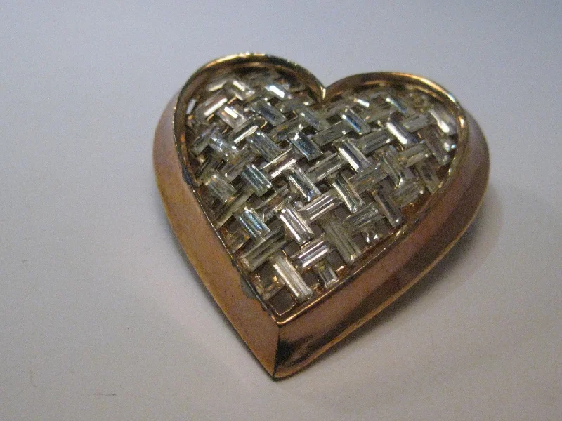 premium platinum brooch for women -Vintage Gold Tone Heart Brooch with Basketweave of  Rhinestone Baguettes, 1.75"