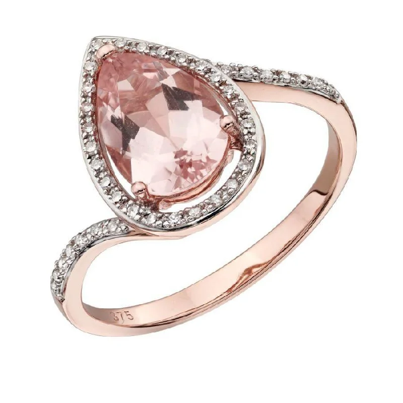 Ladies sunny charm rings -9ct Rose Gold Pear Cut Morganite & Diamond Halo Cluster Ring with Diamond Shoulders