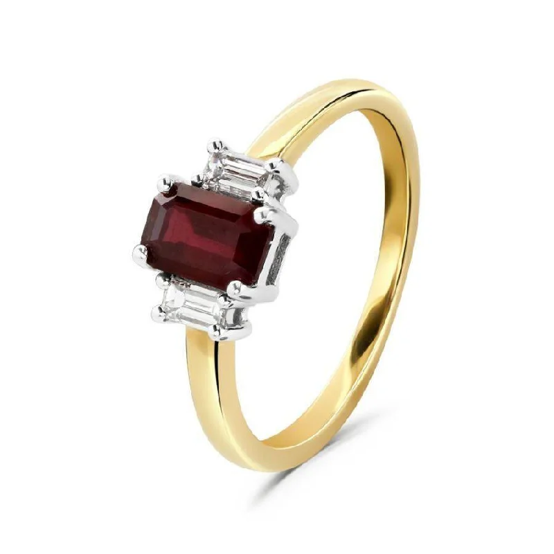 Ladies radiant halo rings -18ct Yellow Gold Octagonal Cut Ruby & Baguette Cut Diamond Trilogy Ring