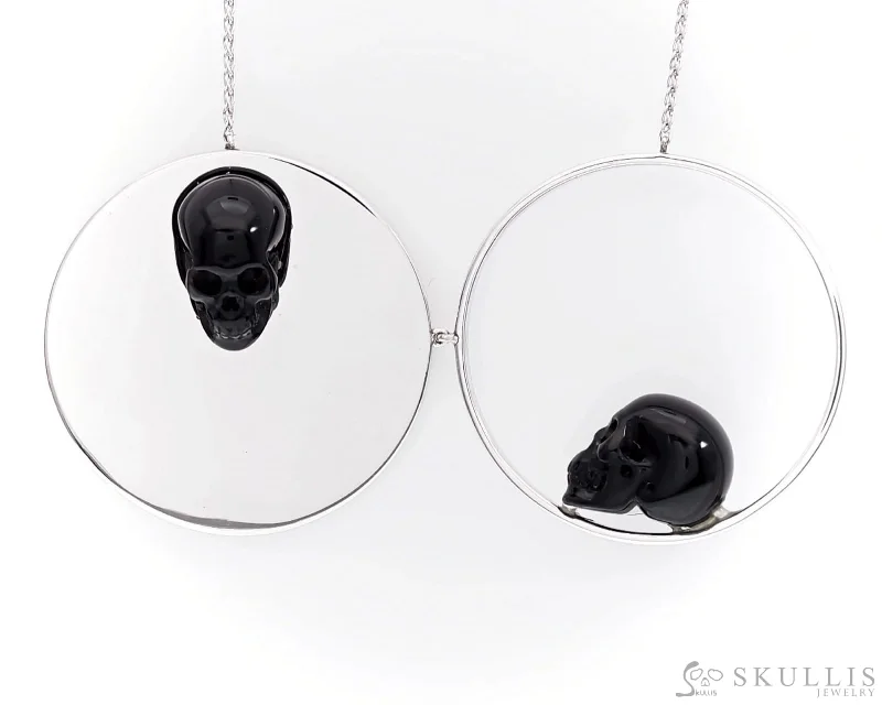 brushed silver necklaces for women -Gem Skull Pendant Necklace of Black Obsidian Carved Skull in 925 Sterling Silver