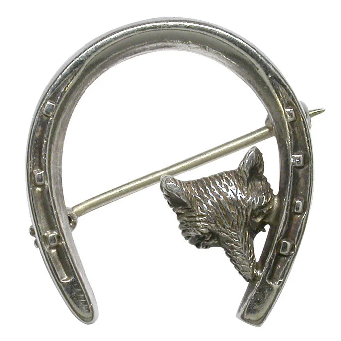 triple gem brooch for women -Horse Shoe Brooch with Fox Head