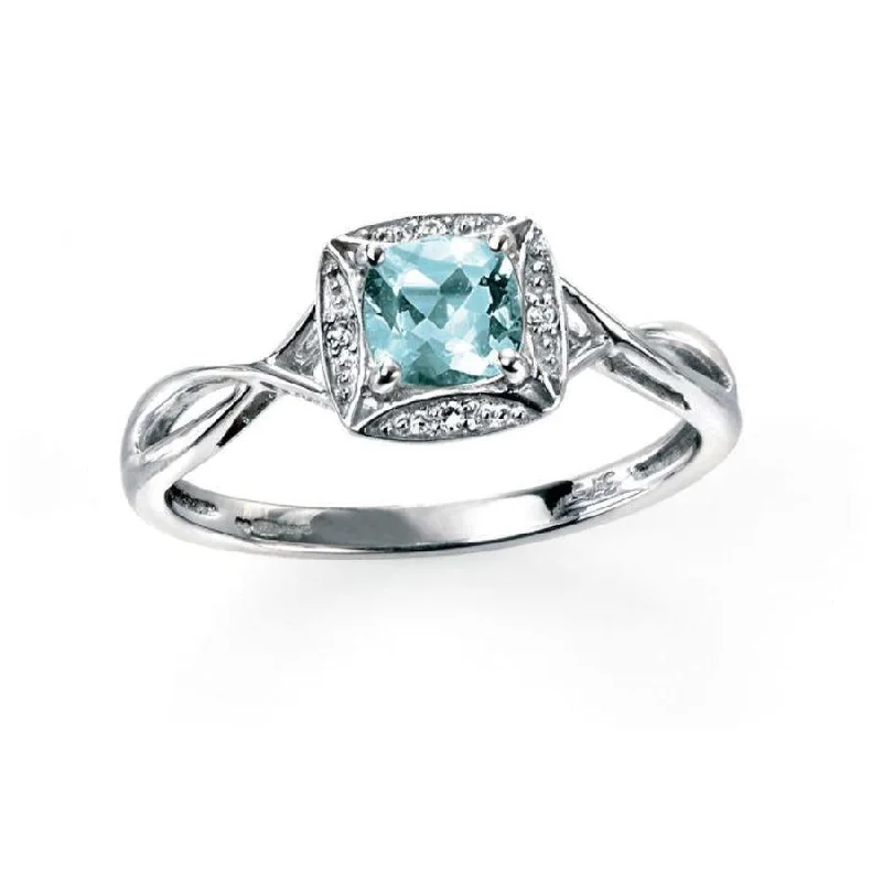 Ladies adjustable shine rings -9ct White Gold Round Cut Aquamarine & Square Shaped Diamond Halo Twist Ring