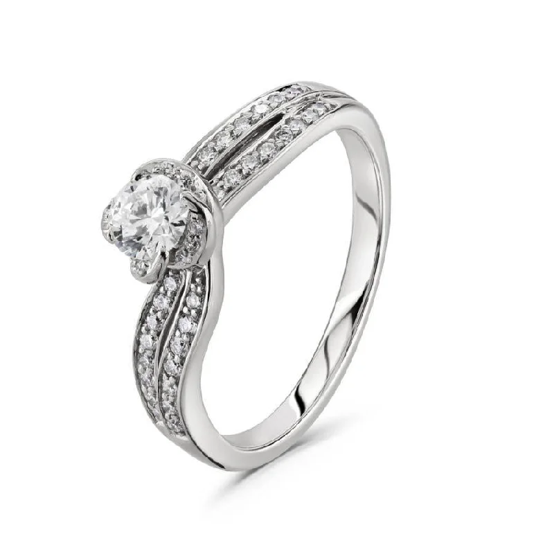 Ladies pulse gleam rings -18ct White Gold Round Brilliant Cut Diamond Ring with 2-Row Diamond Shoulders